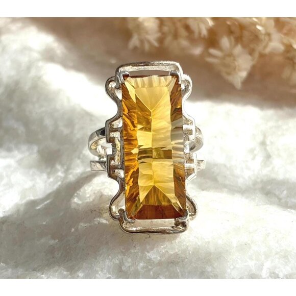 Citrine XL Ultra Ornate Semi-Precious 925 Sterling Silver Vintage Ring - sz 7 - Picture 1 of 10
